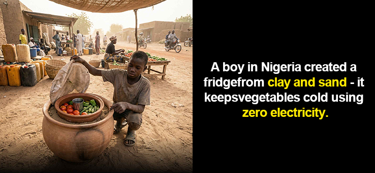 A boy in Nigeria created a fridgefrom clay and sand - it keeps vegetables cold using zero electricity..jpg